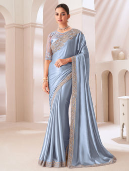 Akhilam - Women's Georgette Fabric Blue Embroidered Saree with Unstitched Blouse