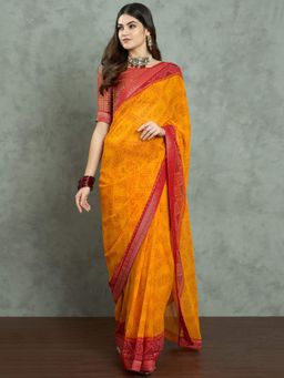 Akhilam - Women's Georgette Fabric Yellow Printed Saree with Unstitched Blouse