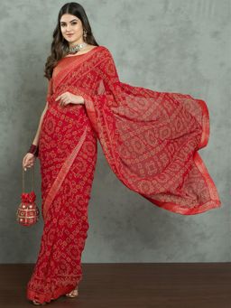 Akhilam - Women's Georgette Fabric Red Printed Saree with Unstitched Blouse