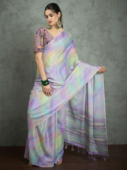 Akhilam - Women's Georgette Fabric Lavender Printed Saree with Unstitched Blouse