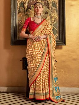 Akhilam - Women's Georgette Fabric Beige Woven Saree with Unstitched Blouse