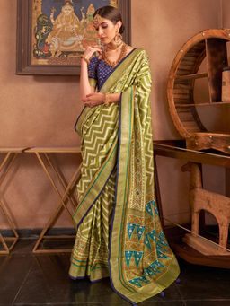 Akhilam - Women's Georgette Fabric Olive Woven Saree with Unstitched Blouse