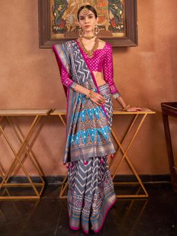 Akhilam - Women's Georgette Fabric Grey Woven Saree with Unstitched Blouse