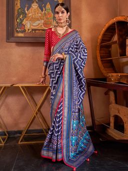 Akhilam - Women's Georgette Fabric Navy Blue Woven Saree with Unstitched Blouse