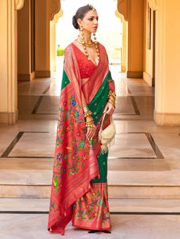 Akhilam - Women's Georgette Fabric Green Printed Saree with Unstitched Blouse