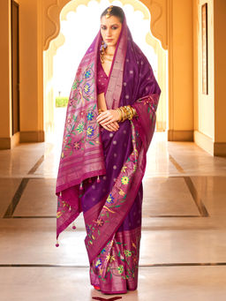 Akhilam - Women's Georgette Fabric Purple Printed Saree with Unstitched Blouse