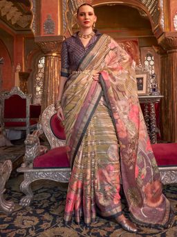 Akhilam - Women's Georgette Fabric Beige Printed Saree with Unstitched Blouse