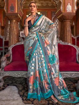 Akhilam - Women's Georgette Fabric Blue Printed Saree with Unstitched Blouse