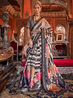 Akhilam - Women's Georgette Fabric Black Printed Saree with Unstitched Blouse
