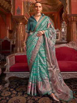 Akhilam - Women's Georgette Fabric Blue Printed Saree with Unstitched Blouse