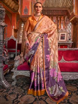 Akhilam - Women's Georgette Fabric Orange Printed Saree with Unstitched Blouse