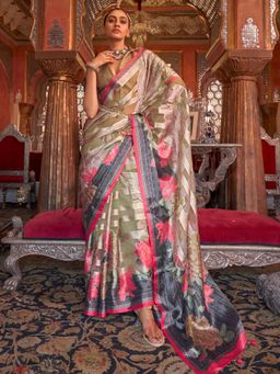 Akhilam - Women's Georgette Fabric Grey Printed Saree with Unstitched Blouse