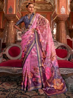 Akhilam - Women's Georgette Fabric Pink Printed Saree with Unstitched Blouse