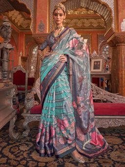 Akhilam - Women's Georgette Fabric Blue Printed Saree with Unstitched Blouse