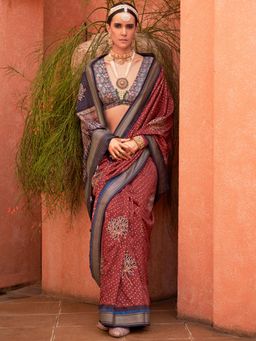 Akhilam - Women's Georgette Fabric Maroon Woven Saree with Unstitched Blouse