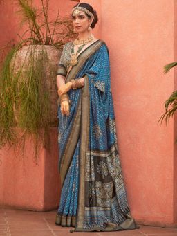 Akhilam - Women's Georgette Fabric Blue Woven Saree with Unstitched Blouse