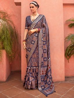 Akhilam - Women's Georgette Fabric Navy Blue Woven Saree with Unstitched Blouse