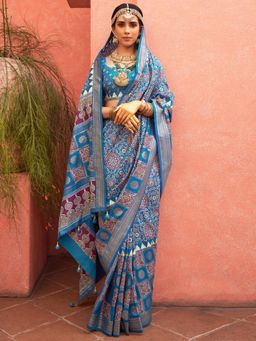 Akhilam - Women's Georgette Fabric Blue Woven Saree with Unstitched Blouse