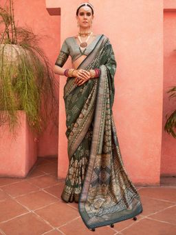 Akhilam - Women's Georgette Fabric Green Woven Saree with Unstitched Blouse