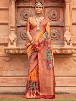 Akhilam - Women's Georgette Fabric Orange Woven Saree with Unstitched Blouse