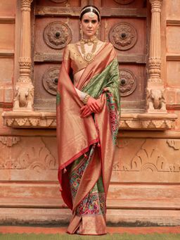 Akhilam - Women's Georgette Fabric Green Woven Saree with Unstitched Blouse