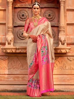 Akhilam - Women's Georgette Fabric Cream Woven Saree with Unstitched Blouse