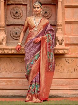 Akhilam - Women's Georgette Fabric Purple Woven Saree with Unstitched Blouse