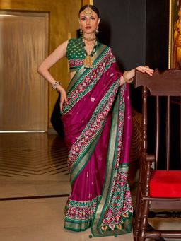 Akhilam - Women's Georgette Fabric Magenta Woven Saree with Unstitched Blouse