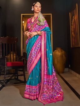 Akhilam - Women's Georgette Fabric Blue Woven Saree with Unstitched Blouse