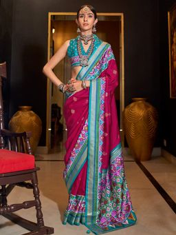 Akhilam - Women's Georgette Fabric Pink Woven Saree with Unstitched Blouse