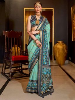 Akhilam - Women's Georgette Fabric Turquoise Woven Saree with Unstitched Blouse