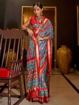 Akhilam - Women's Georgette Fabric Grey Woven Saree with Unstitched Blouse