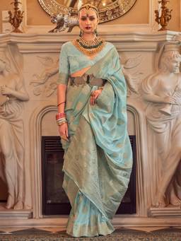 Akhilam - Women's Georgette Fabric Blue Embellished Saree with Unstitched Blouse