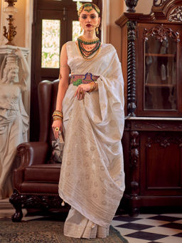 Akhilam - Women's Georgette Fabric Cream Embellished Saree with Unstitched Blouse