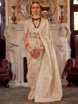 Akhilam - Women's Georgette Fabric Cream Embellished Saree with Unstitched Blouse