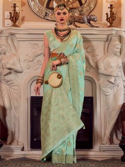 Akhilam - Women's Georgette Fabric Aqua Embellished Saree with Unstitched Blouse