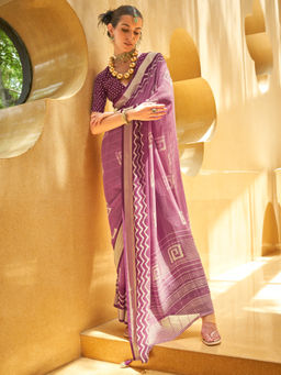 Akhilam - Women's Georgette Fabric Mauve Printed Saree with Unstitched Blouse