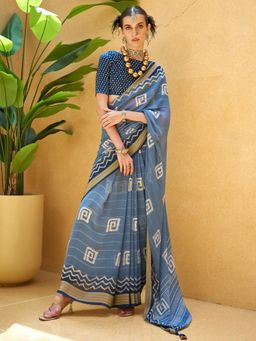 Akhilam - Women's Georgette Fabric Blue Printed Saree with Unstitched Blouse