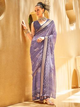 Akhilam - Women's Georgette Fabric Lavender Printed Saree with Unstitched Blouse