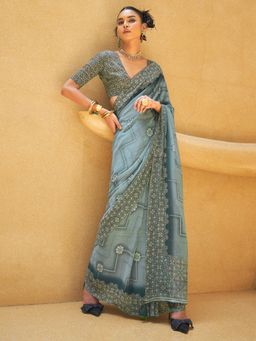 Akhilam - Women's Georgette Fabric Grey Printed Saree with Unstitched Blouse