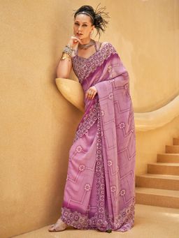 Akhilam - Women's Georgette Fabric Mauve Printed Saree with Unstitched Blouse