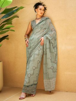 Akhilam - Women's Georgette Fabric Aqua Printed Saree with Unstitched Blouse