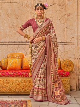 Akhilam - Women's Georgette Fabric Cream Woven Saree with Unstitched Blouse