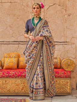 Akhilam - Women's Georgette Fabric Beige Woven Saree with Unstitched Blouse