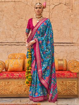 Akhilam - Women's Georgette Fabric Blue Woven Saree with Unstitched Blouse