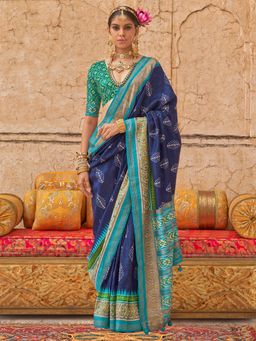 Akhilam - Women's Georgette Fabric Navy Blue Woven Saree with Unstitched Blouse