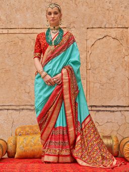 Akhilam - Women's Georgette Fabric Blue Woven Saree with Unstitched Blouse