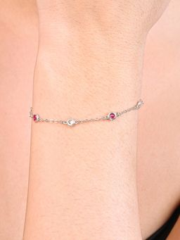 TOUCH925 - Pure 925 Silver Chain Bracelet with Red and White Gemstones for Women