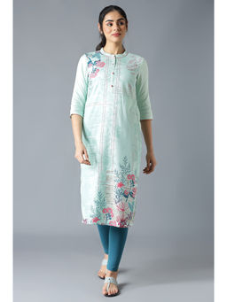 Aurelia - Green Mandarin Collar Printed Straight Kurta