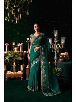 Almaari By Pooja - Green Emerald Elegance Embroidered Organza Saree with Stitched Blouse